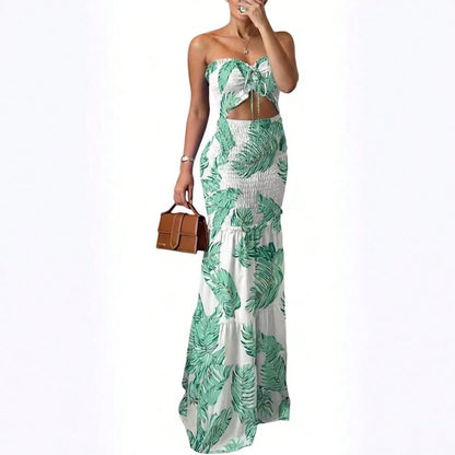 KZKZWK Women's Tropical Leaf Print Strapless Maxi Dress, Viral Sold Out Beach Dress, Cutout Waist Smocked Mermaid Dress, Flowy Tiered Hem, Summer Vacation Ou