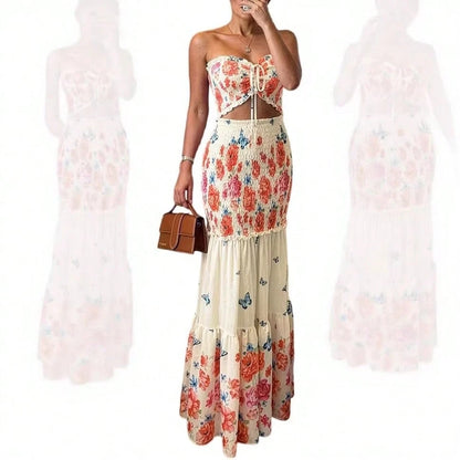 KZKZWK Women's Tropical Leaf Print Strapless Maxi Dress, Viral Sold Out Beach Dress, Cutout Waist Smocked Mermaid Dress, Flowy Tiered Hem, Summer Vacation Ou