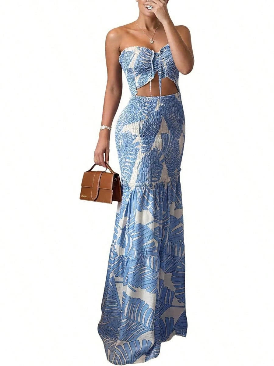KZKZWK Women's Tropical Leaf Print Strapless Maxi Dress, Viral Sold Out Beach Dress, Cutout Waist Smocked Mermaid Dress, Flowy Tiered Hem, Summer Vacation Ou