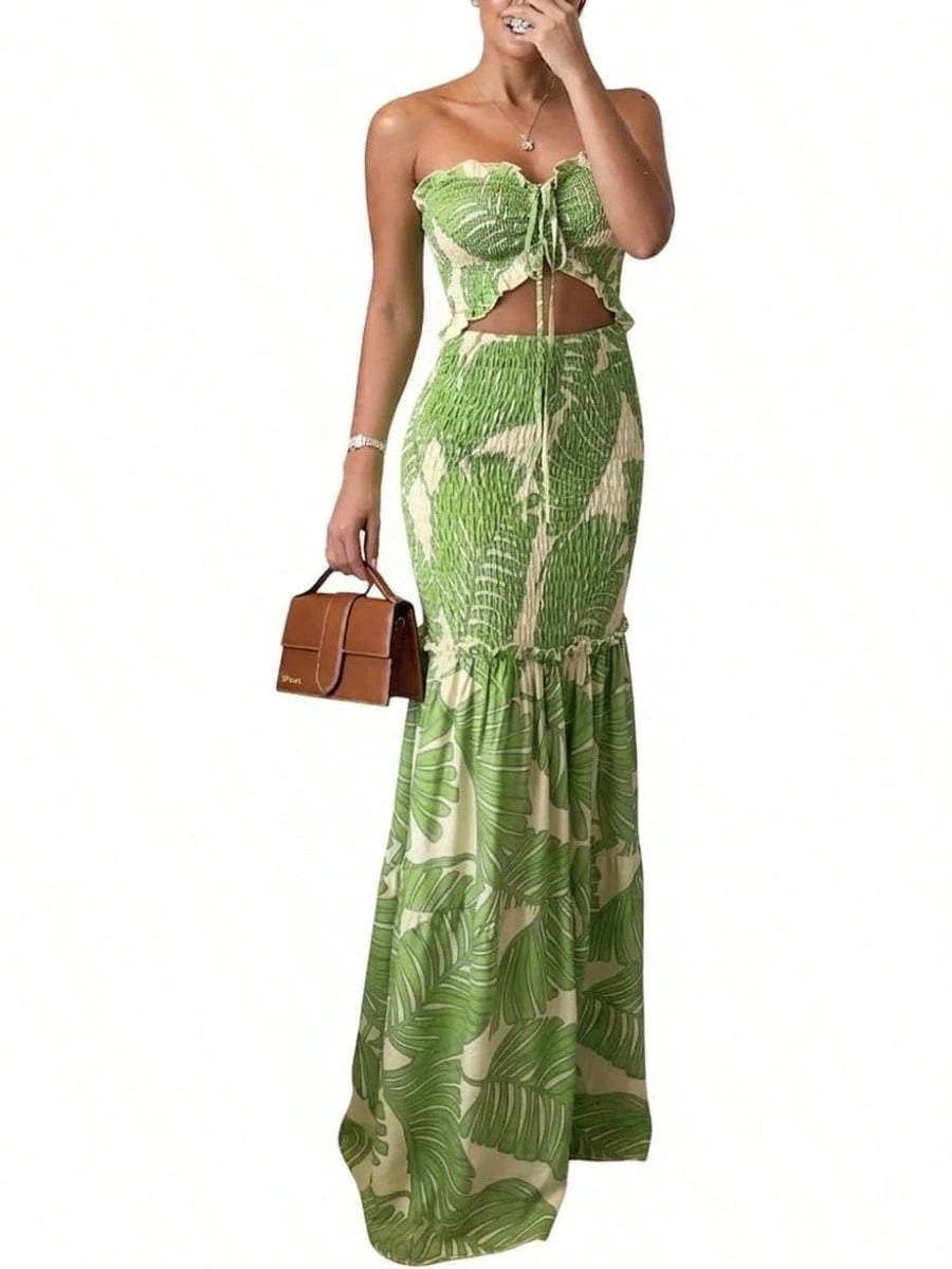KZKZWK Women's Tropical Leaf Print Strapless Maxi Dress, Viral Sold Out Beach Dress, Cutout Waist Smocked Mermaid Dress, Flowy Tiered Hem, Summer Vacation Ou