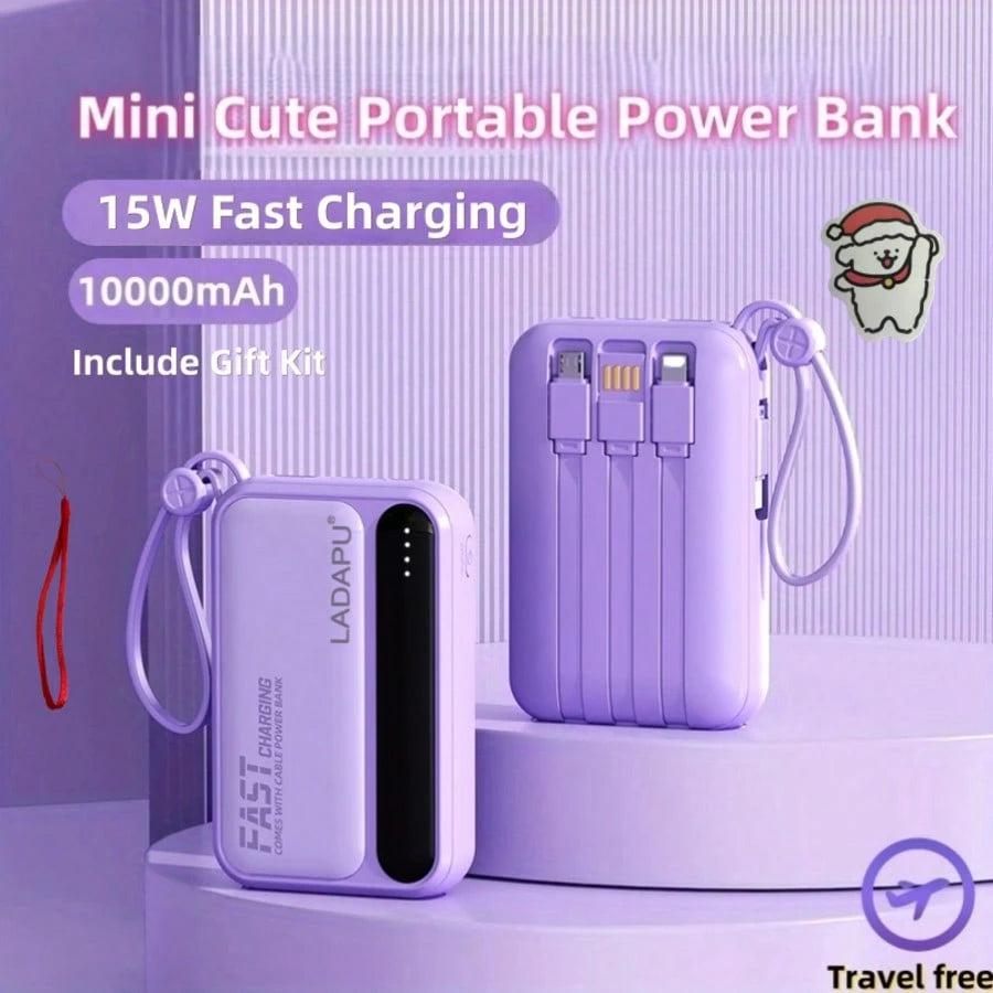 LADAPU 10000mAh Mini Cute 15W Fast Charging Power Bank, Small Size Large Capacity, Rechargeable Portable Mobile Phone Charger, Built-In 4 Cables, Outdoor Travel Battery Packs, LED Digital Display, Mic