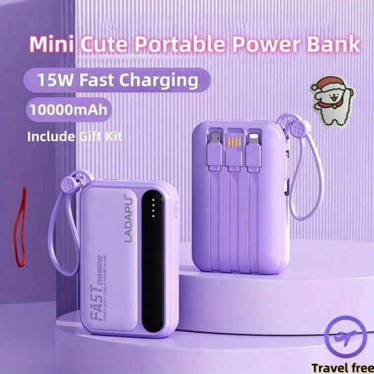 LADAPU 10000mAh Mini Cute 15W Fast Charging Power Bank, Small Size Large Capacity, Rechargeable Portable Mobile Phone Charger, Built-In 4 Cables, Outdoor Travel Battery Packs, LED Digital Display, Mic