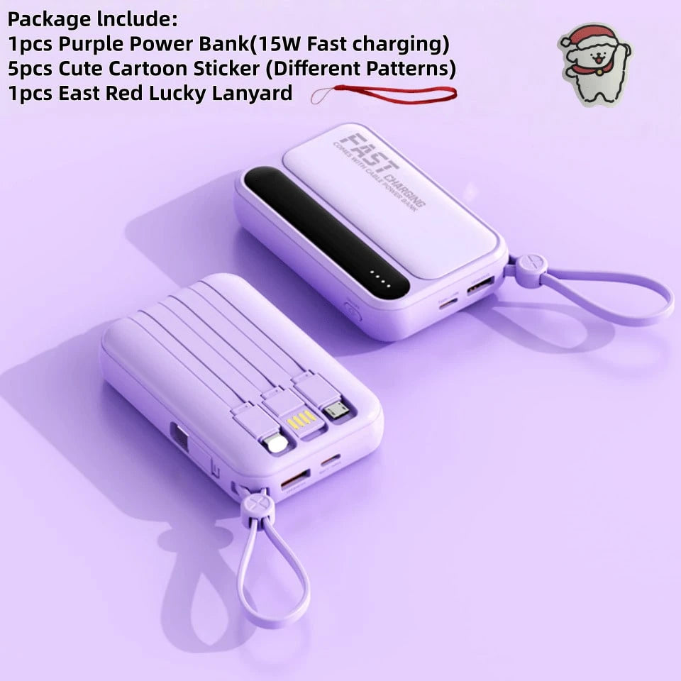 LADAPU 10000mAh Mini Cute 15W Fast Charging Power Bank, Small Size Large Capacity, Rechargeable Portable Mobile Phone Charger, Built-In 4 Cables, Outdoor Travel Battery Packs, LED Digital Display, Mic