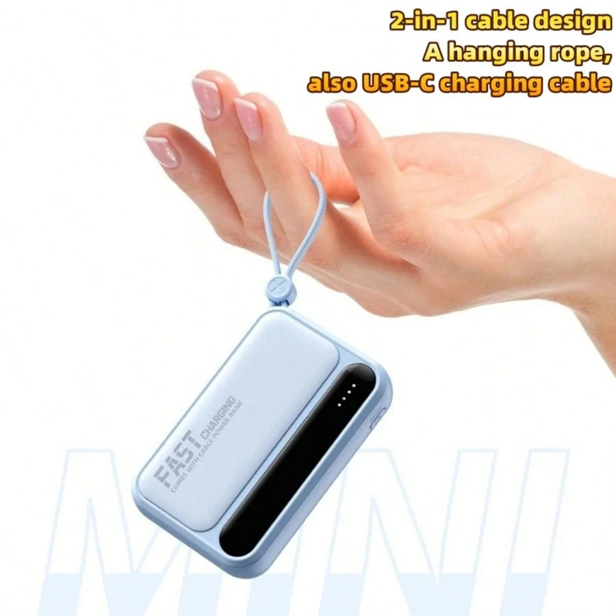 LADAPU 10000mAh Mini Cute 15W Fast Charging Power Bank, Small Size Large Capacity, Rechargeable Portable Mobile Phone Charger, Built-In 4 Cables, Outdoor Travel Battery Packs, LED Digital Display, Mic