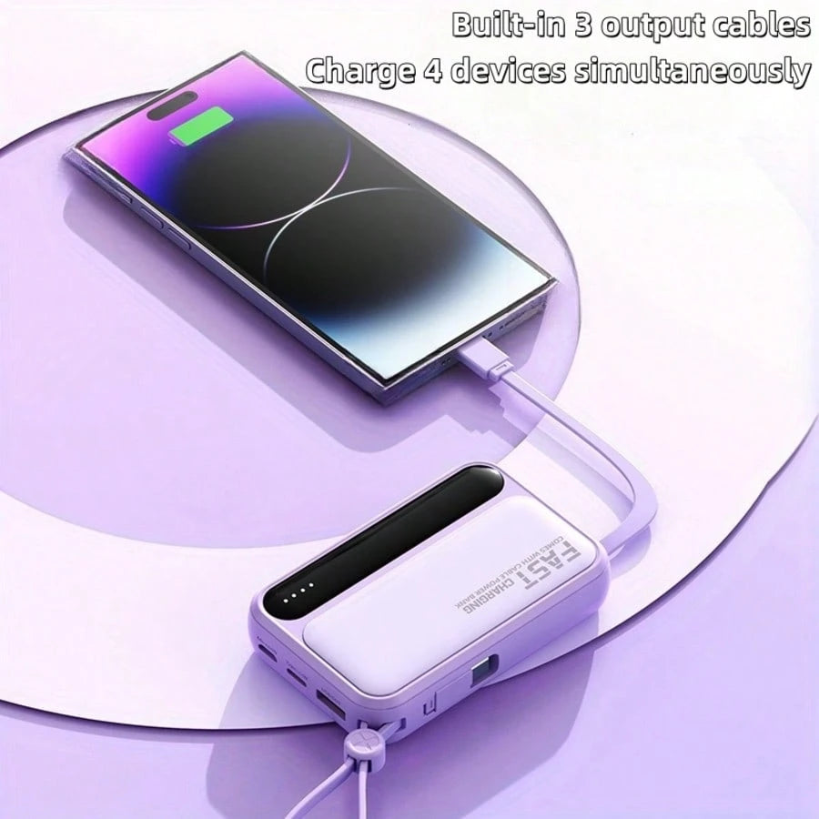 LADAPU 10000mAh Mini Cute 15W Fast Charging Power Bank, Small Size Large Capacity, Rechargeable Portable Mobile Phone Charger, Built-In 4 Cables, Outdoor Travel Battery Packs, LED Digital Display, Mic