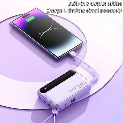 LADAPU 10000mAh Mini Cute 15W Fast Charging Power Bank, Small Size Large Capacity, Rechargeable Portable Mobile Phone Charger, Built-In 4 Cables, Outdoor Travel Battery Packs, LED Digital Display, Mic
