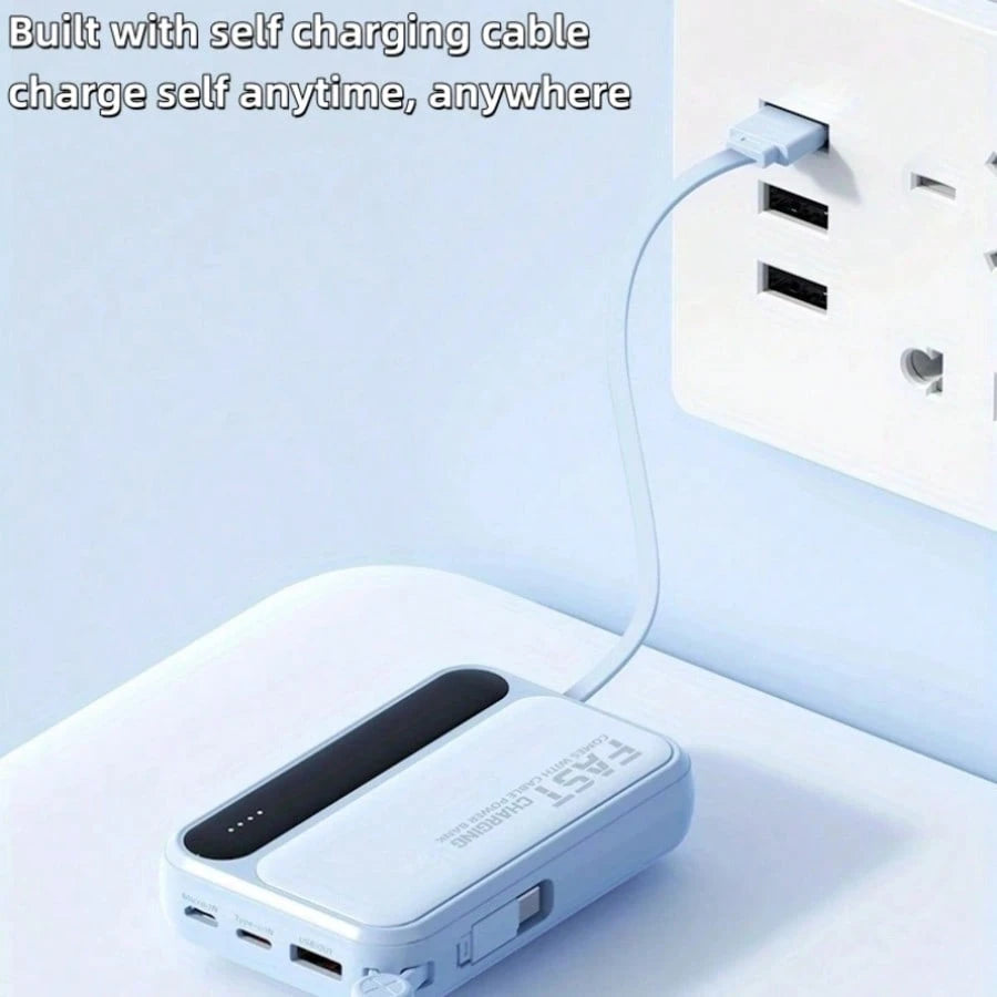 LADAPU 10000mAh Mini Cute 15W Fast Charging Power Bank, Small Size Large Capacity, Rechargeable Portable Mobile Phone Charger, Built-In 4 Cables, Outdoor Travel Battery Packs, LED Digital Display, Mic