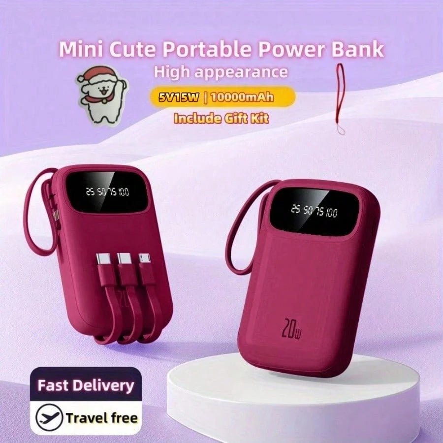 LADAPU 10000mAh Mini Cute 5V15w Fast Charging Power Bank, Small Size Large Capacity Rechargeable Portable Mobile Phone Charger, Built-In 4-In-1 Cable, Digital Display, Micro Interface, Outdoor Travel
