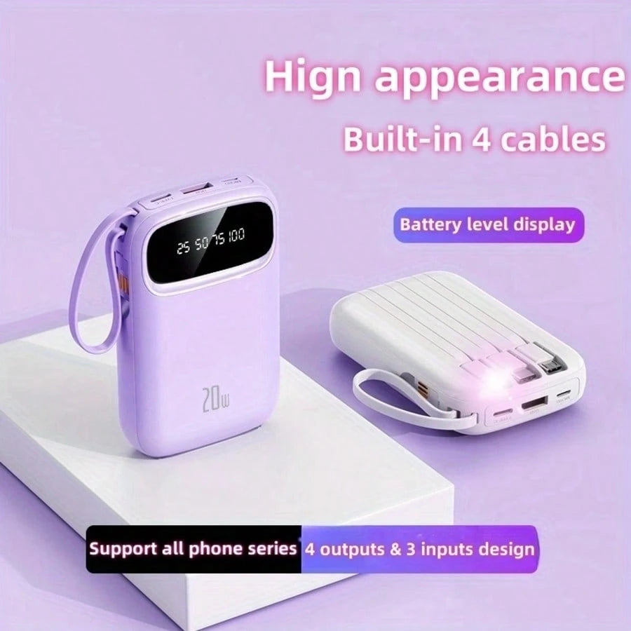 LADAPU 10000mAh Mini Cute 5V15w Fast Charging Power Bank, Small Size Large Capacity Rechargeable Portable Mobile Phone Charger, Built-In 4-In-1 Cable, Digital Display, Micro Interface, Outdoor Travel