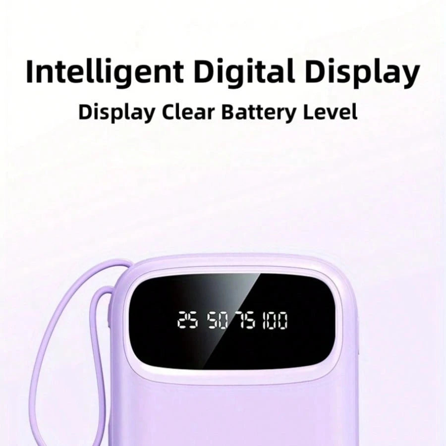 LADAPU 10000mAh Mini Cute 5V15w Fast Charging Power Bank, Small Size Large Capacity Rechargeable Portable Mobile Phone Charger, Built-In 4-In-1 Cable, Digital Display, Micro Interface, Outdoor Travel