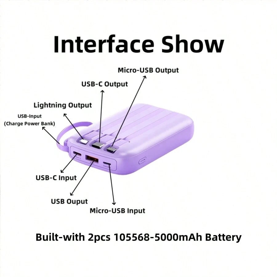 LADAPU 10000mAh Mini Cute 5V15w Fast Charging Power Bank, Small Size Large Capacity Rechargeable Portable Mobile Phone Charger, Built-In 4-In-1 Cable, Digital Display, Micro Interface, Outdoor Travel