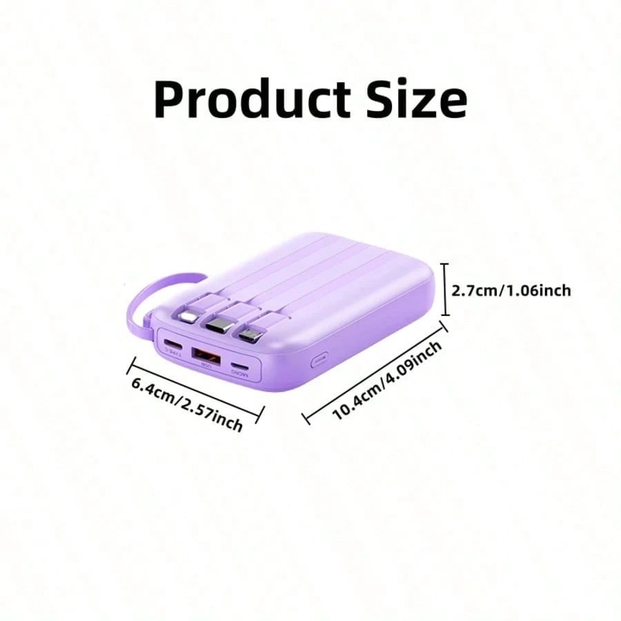 LADAPU 10000mAh Mini Cute 5V15w Fast Charging Power Bank, Small Size Large Capacity Rechargeable Portable Mobile Phone Charger, Built-In 4-In-1 Cable, Digital Display, Micro Interface, Outdoor Travel