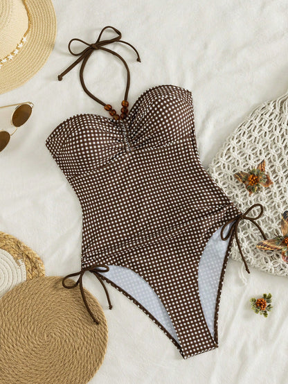 Ladies' Vacation Plaid Printed Strapless Halter One-Piece Swimsuit Suitable For Spring And Summer Island Vacation Pool Party Swimming Beach