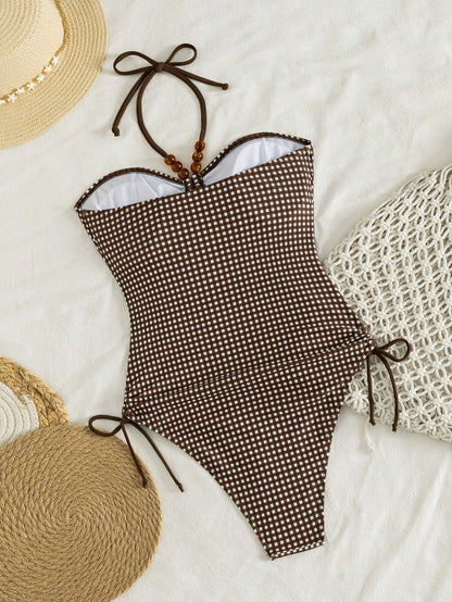 Ladies' Vacation Plaid Printed Strapless Halter One-Piece Swimsuit Suitable For Spring And Summer Island Vacation Pool Party Swimming Beach