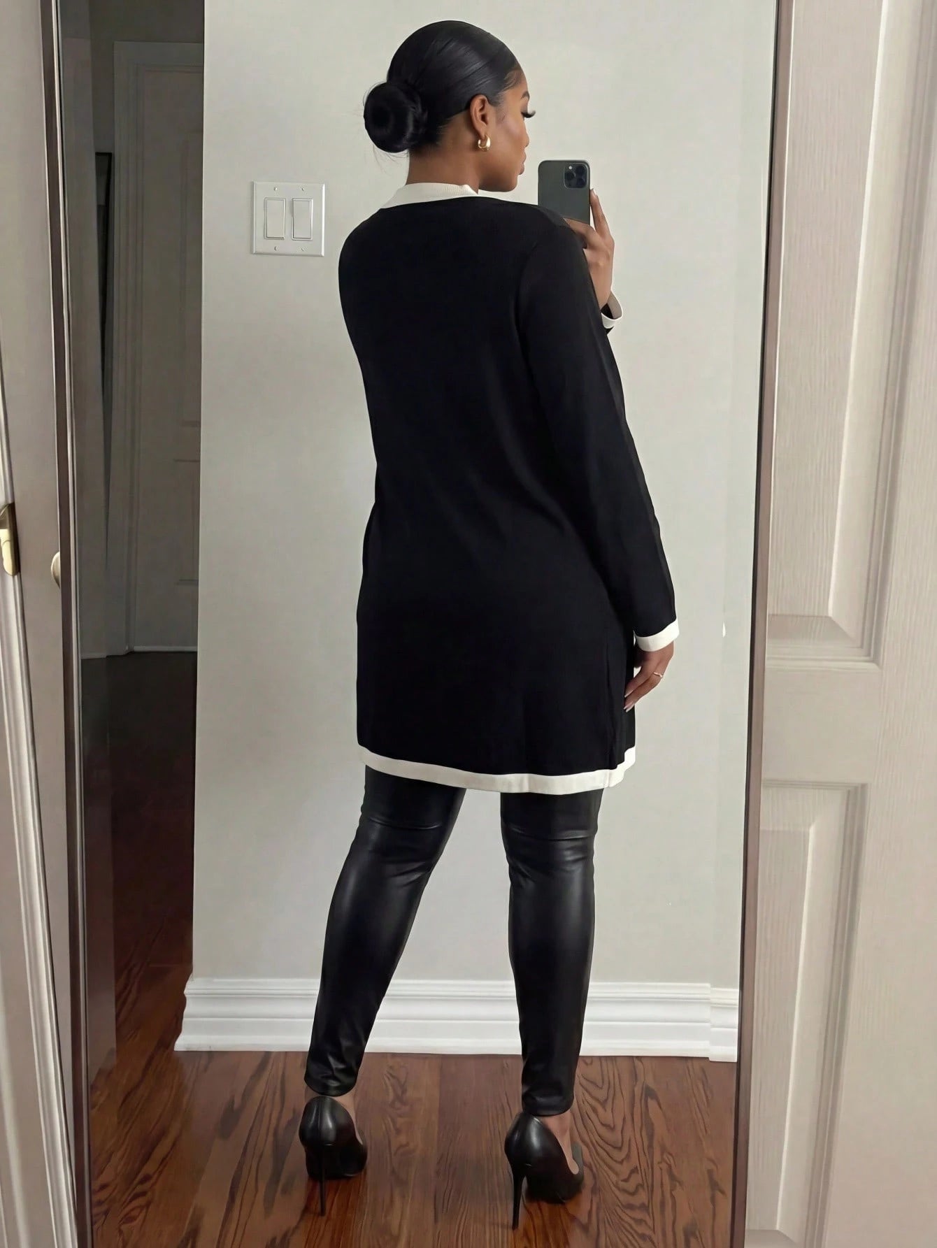 Lady CURVE Plus Size Women Elegant & Comfortable Metal Button Closure Long Warm Cardigan, Black & White, For Autumn, Ladies Windbreaker,Business Casual Woman