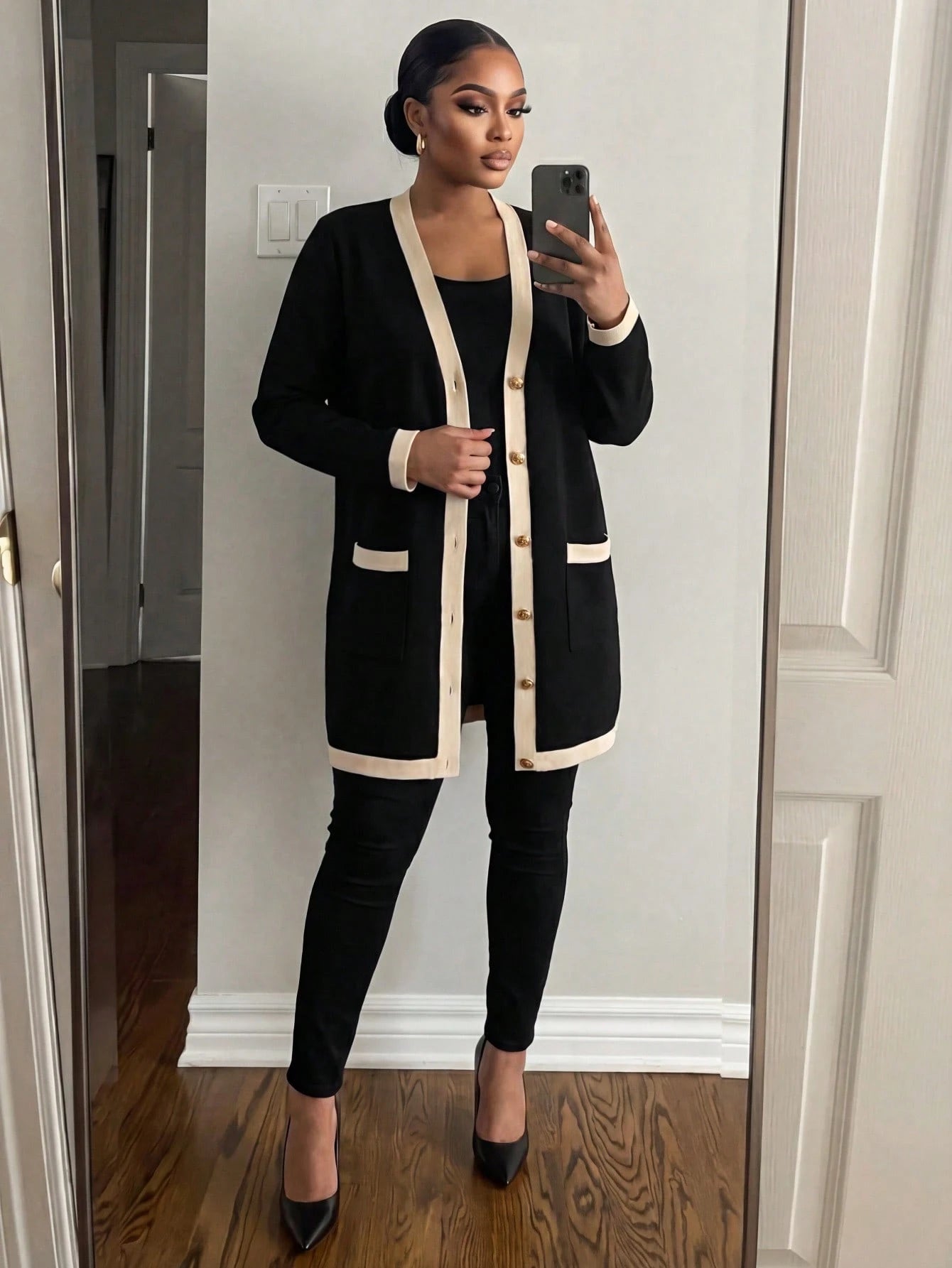 Lady CURVE Plus Size Women Elegant & Comfortable Metal Button Closure Long Warm Cardigan, Black & White, For Autumn, Ladies Windbreaker,Business Casual Woman