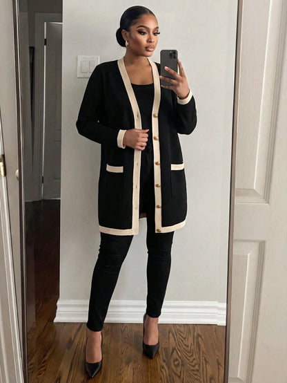 Lady CURVE Plus Size Women Elegant & Comfortable Metal Button Closure Long Warm Cardigan, Black & White, For Autumn, Ladies Windbreaker,Business Casual Woman