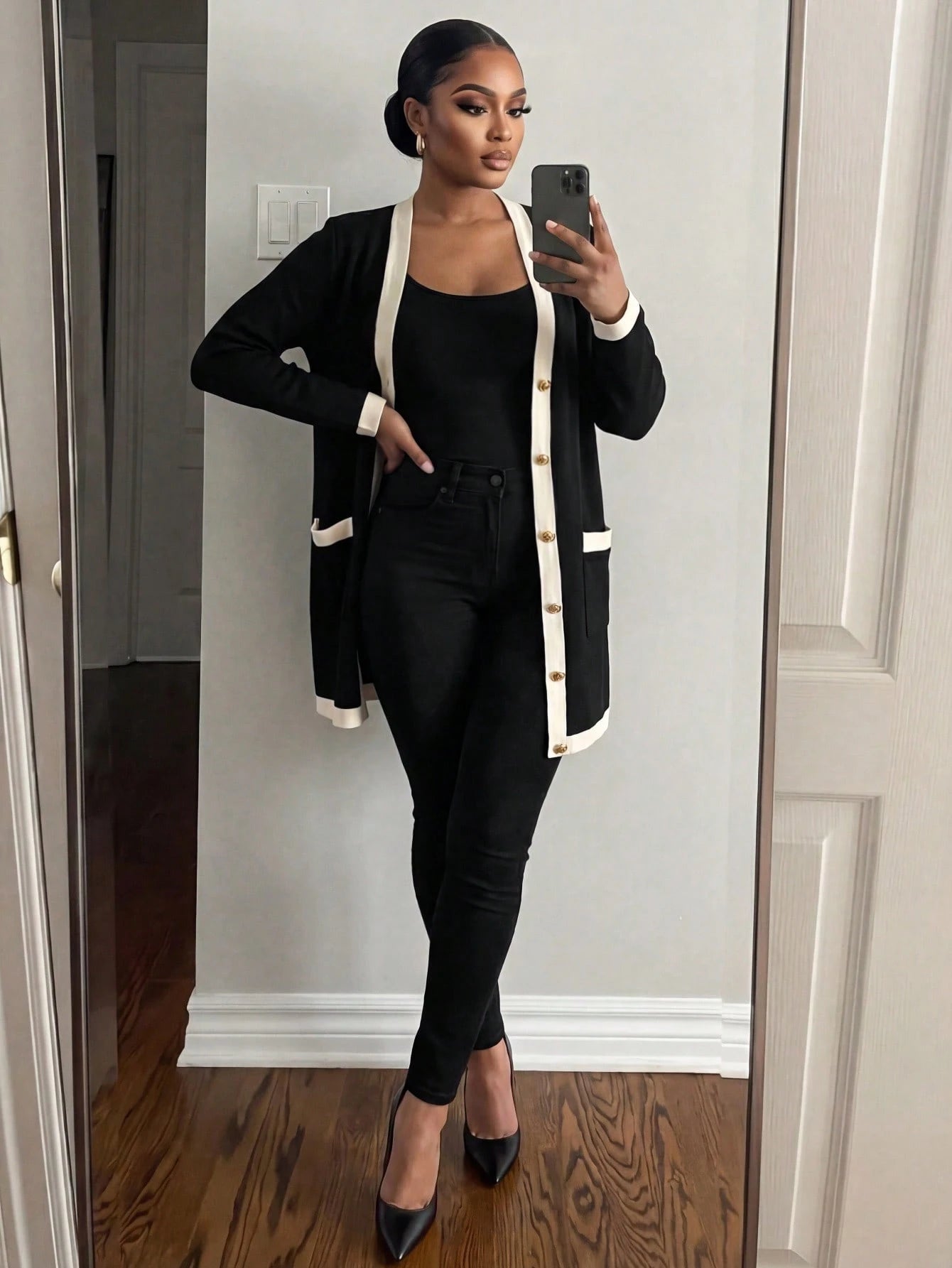 Lady CURVE Plus Size Women Elegant & Comfortable Metal Button Closure Long Warm Cardigan, Black & White, For Autumn, Ladies Windbreaker,Business Casual Woman