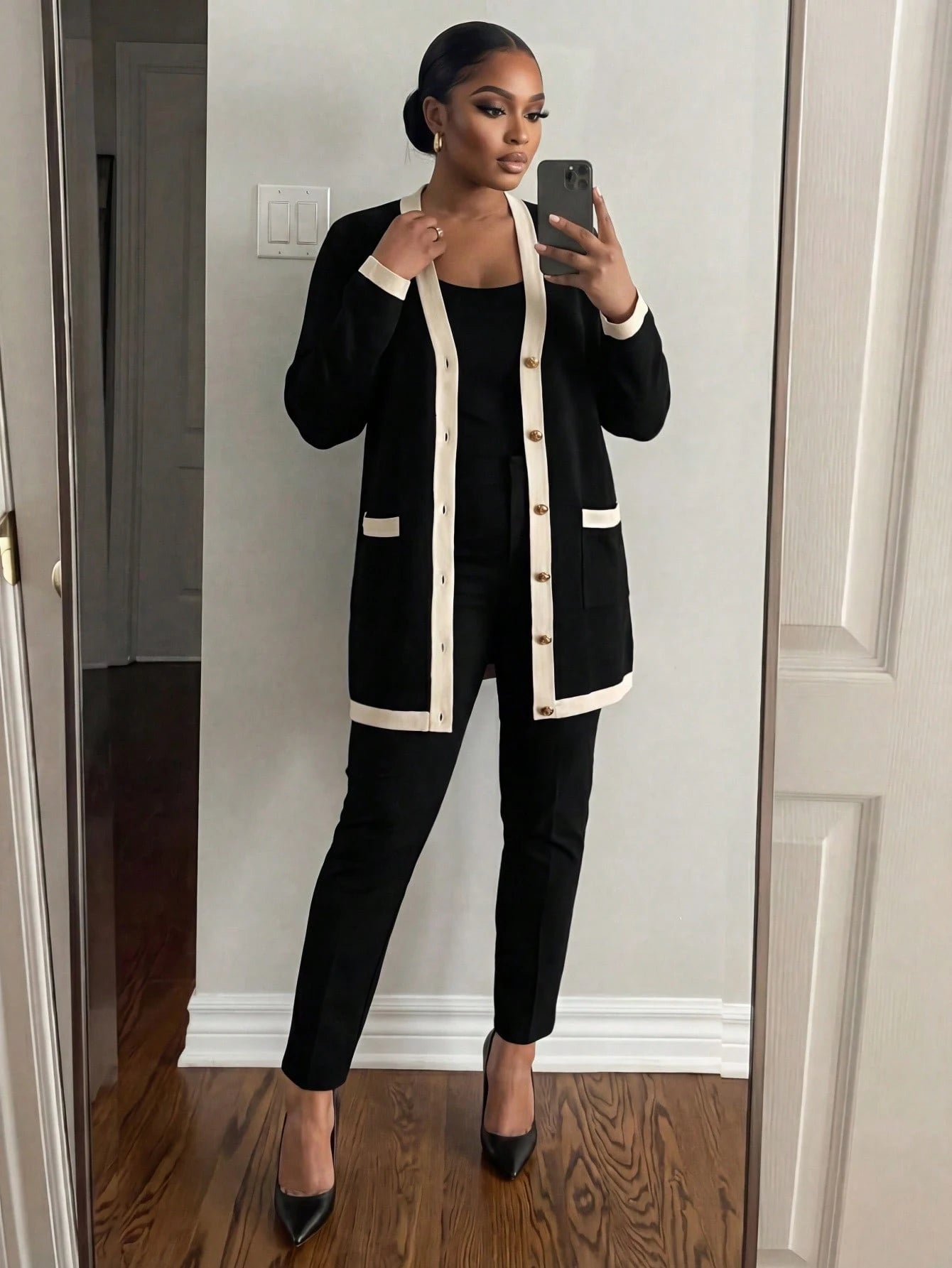 Lady CURVE Plus Size Women Elegant & Comfortable Metal Button Closure Long Warm Cardigan, Black & White, For Autumn, Ladies Windbreaker,Business Casual Woman