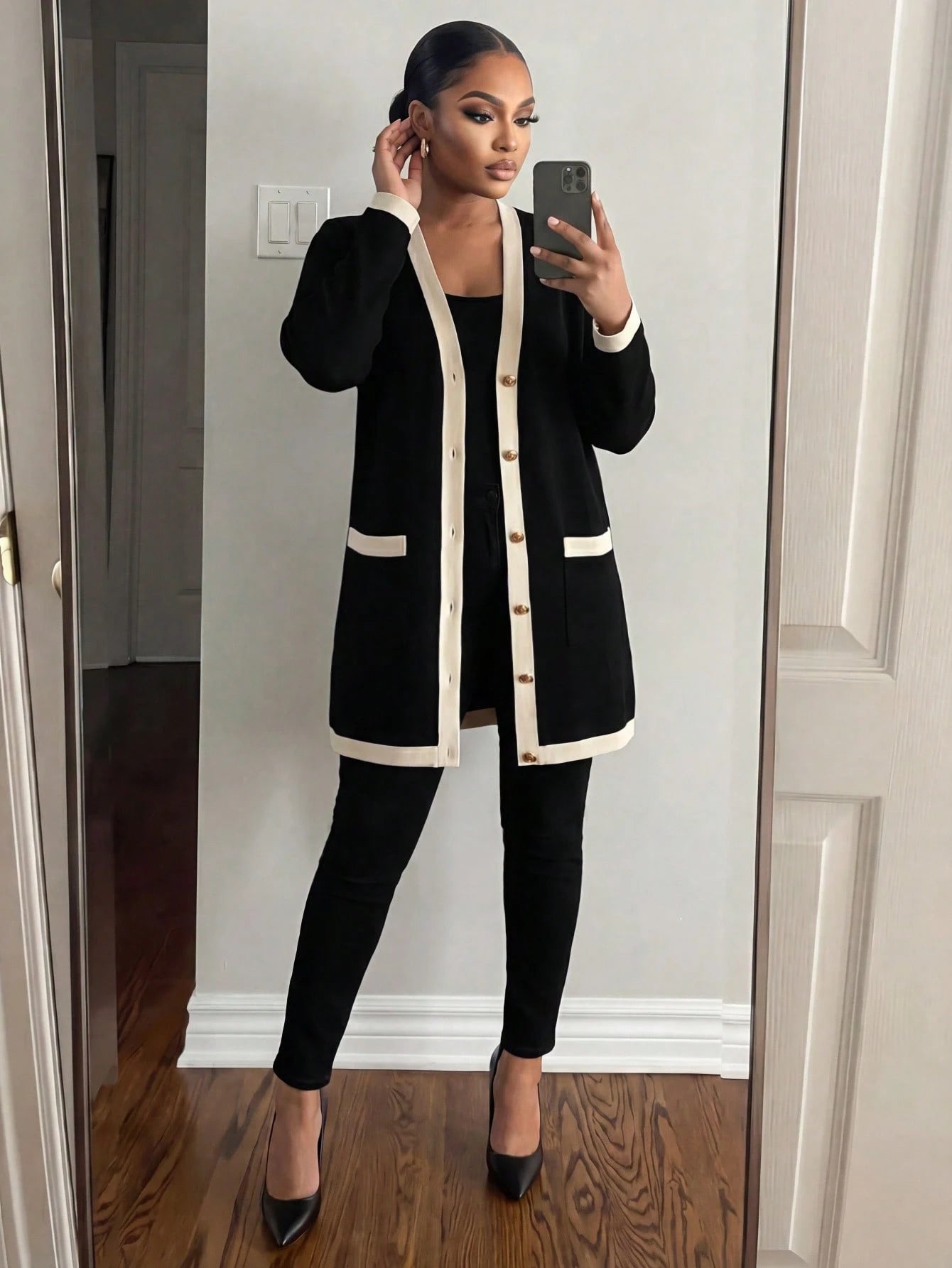 Lady CURVE Plus Size Women Elegant & Comfortable Metal Button Closure Long Warm Cardigan, Black & White, For Autumn, Ladies Windbreaker,Business Casual Woman