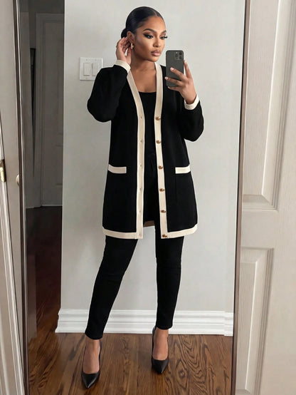 Lady CURVE Plus Size Women Elegant & Comfortable Metal Button Closure Long Warm Cardigan, Black & White, For Autumn, Ladies Windbreaker,Business Casual Woman