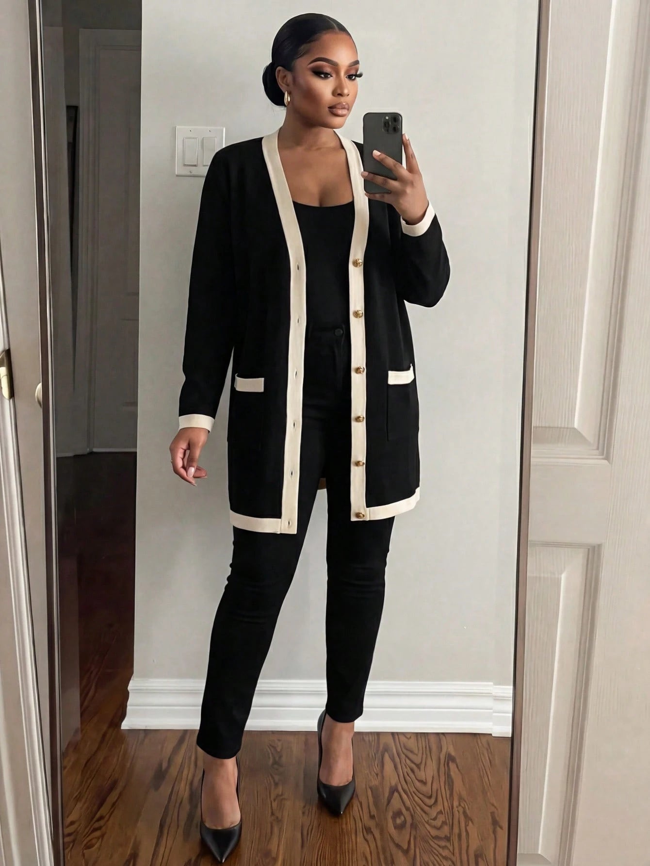 Lady CURVE Plus Size Women Elegant & Comfortable Metal Button Closure Long Warm Cardigan, Black & White, For Autumn, Ladies Windbreaker,Business Casual Woman