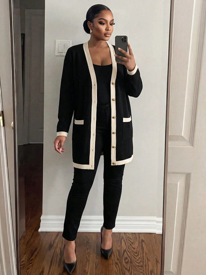 Lady CURVE Plus Size Women Elegant & Comfortable Metal Button Closure Long Warm Cardigan, Black & White, For Autumn, Ladies Windbreaker,Business Casual Woman