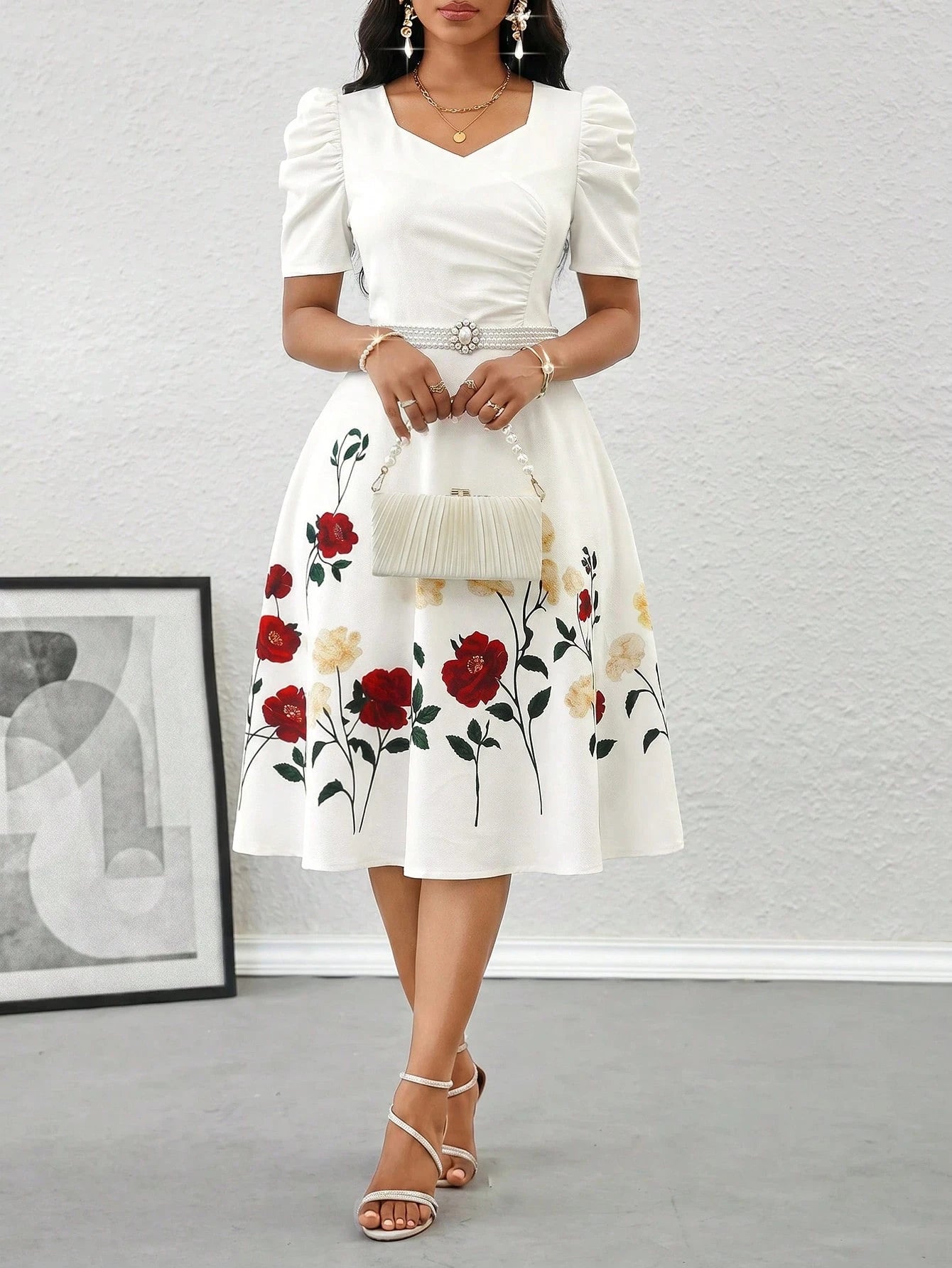 Lady Women's Floral Bud Short Sleeve Print Dress