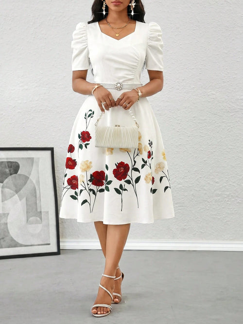 Lady Women's Floral Bud Short Sleeve Print Dress