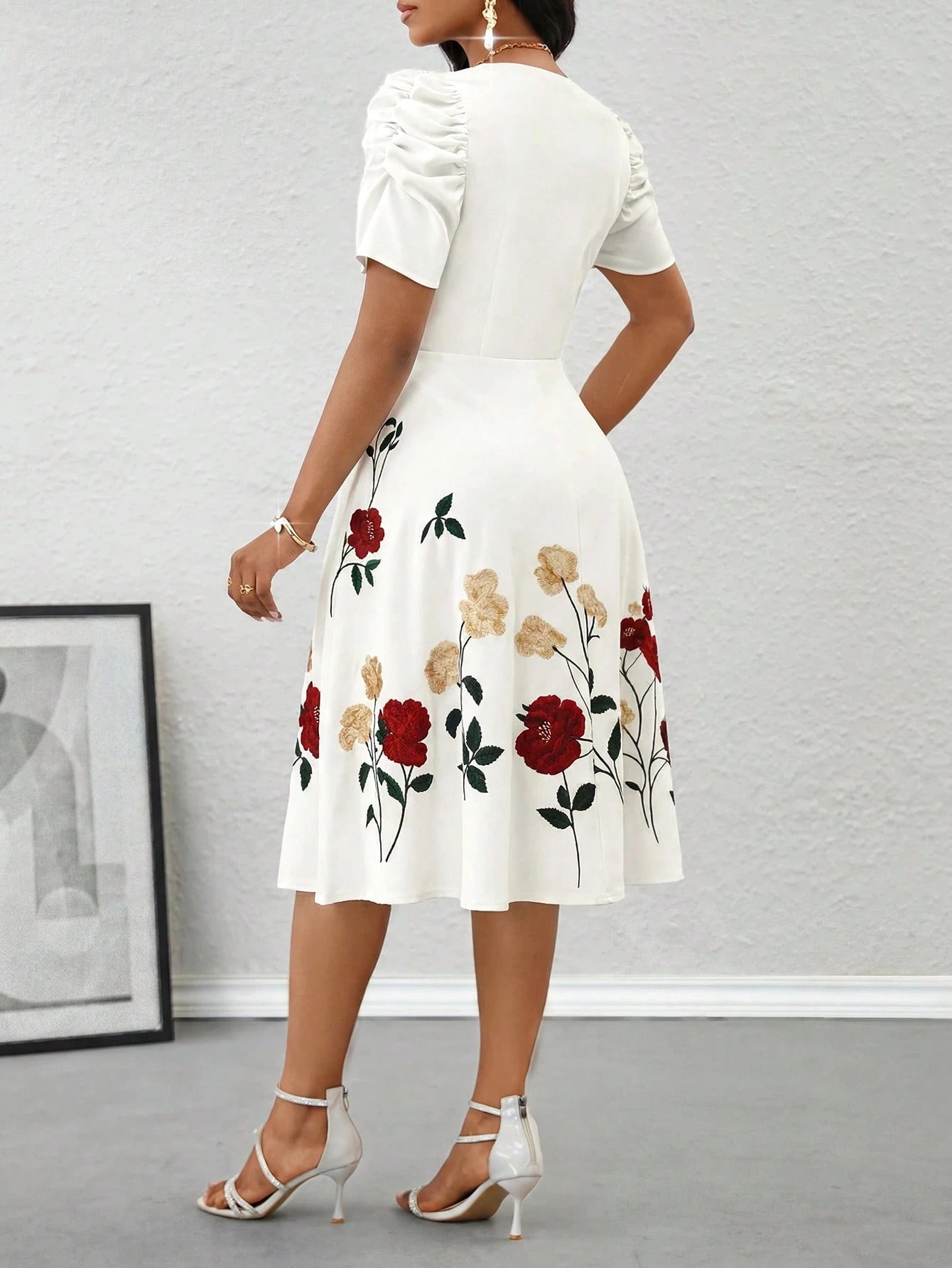 Lady Women's Floral Bud Short Sleeve Print Dress