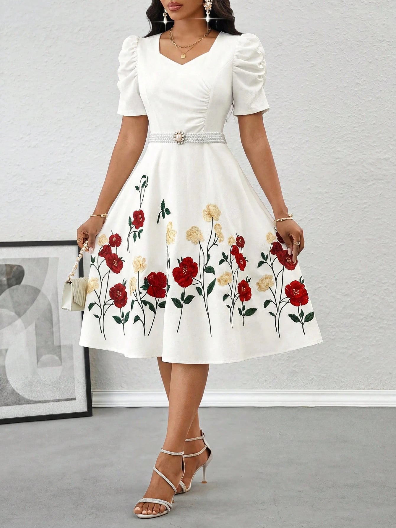 Lady Women's Floral Bud Short Sleeve Print Dress