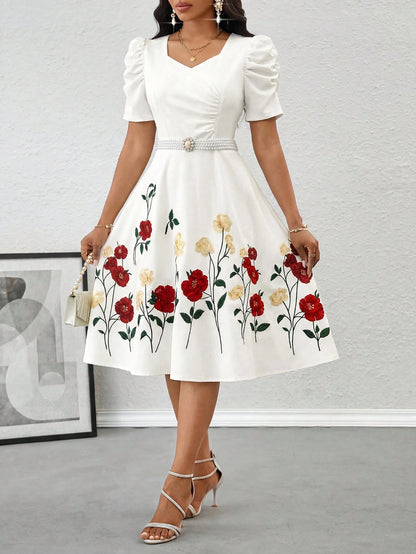 Lady Women's Floral Bud Short Sleeve Print Dress