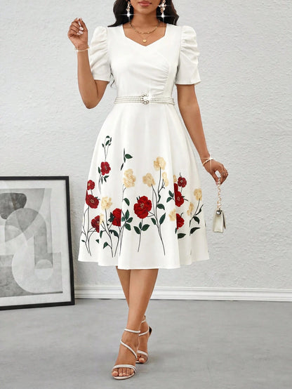 Lady Women's Floral Bud Short Sleeve Print Dress