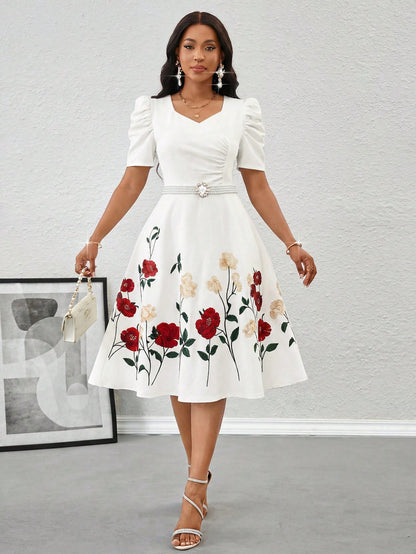 Lady Women's Floral Bud Short Sleeve Print Dress