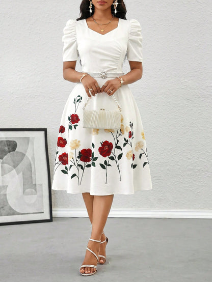 Lady Women's Floral Bud Short Sleeve Print Dress