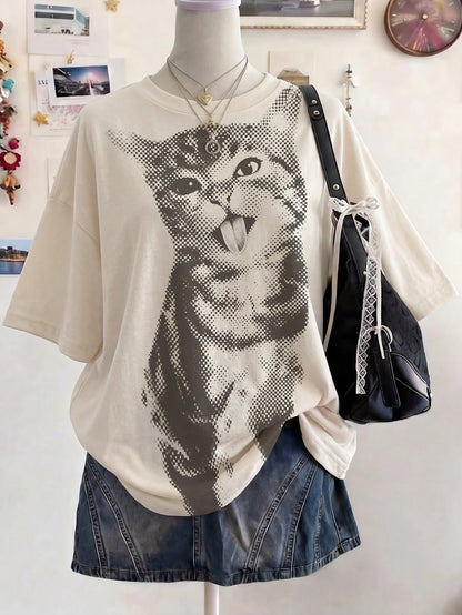 Lalippa Plus Size Women's Cat Print Casual Versatile Everyday T-Shirt