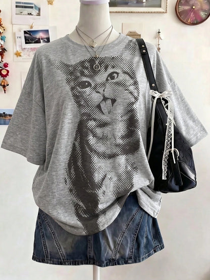 Lalippa Plus Size Women's Cat Print Casual Versatile Everyday T-Shirt