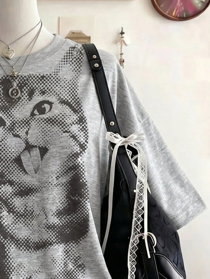 Lalippa Plus Size Women's Cat Print Casual Versatile Everyday T-Shirt