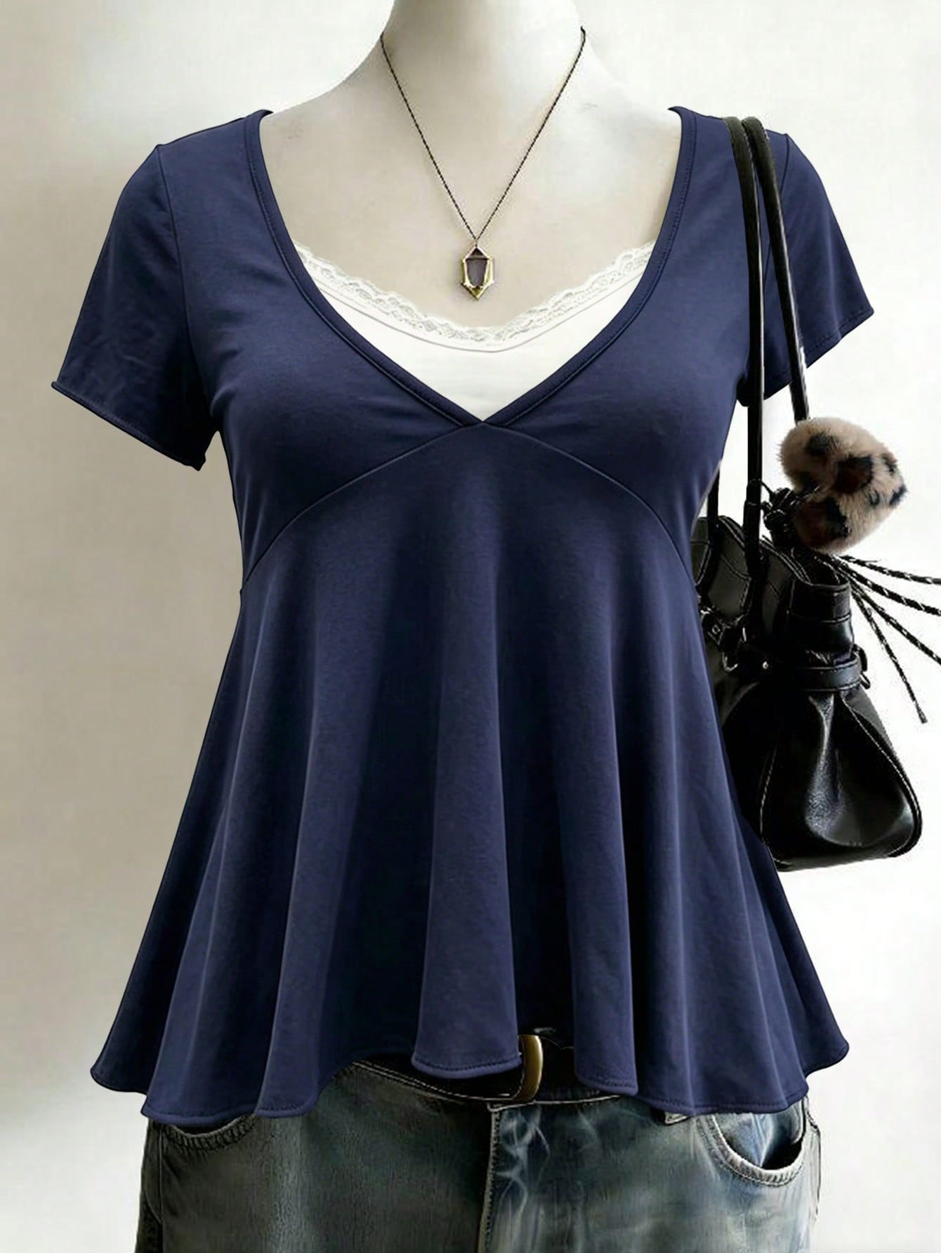 Lalippa Women's Y2k Lace Trim Short Sleeve Babydoll Top,Casual Contrast Color V-Neck 2 In 1,Ideal For Summer