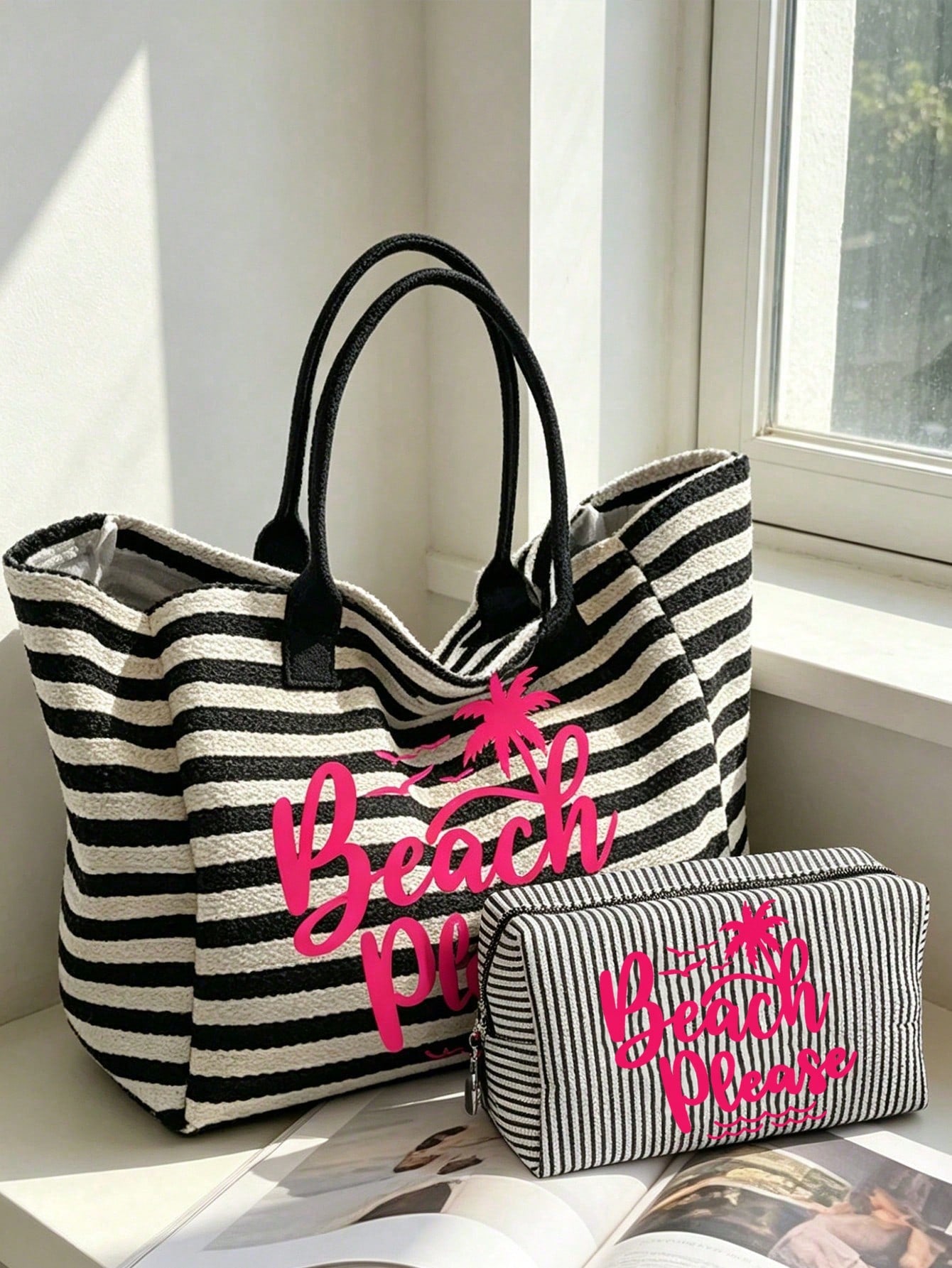 Large Capacity Black And White Striped Beach Tote Bag, Coconut Tree And Letter Print, Foldable Canvas Shoulder Tote Bag, Waterproof And Sand-Proof Travel Bag, Summer Essential, Ideal For Beach Trips