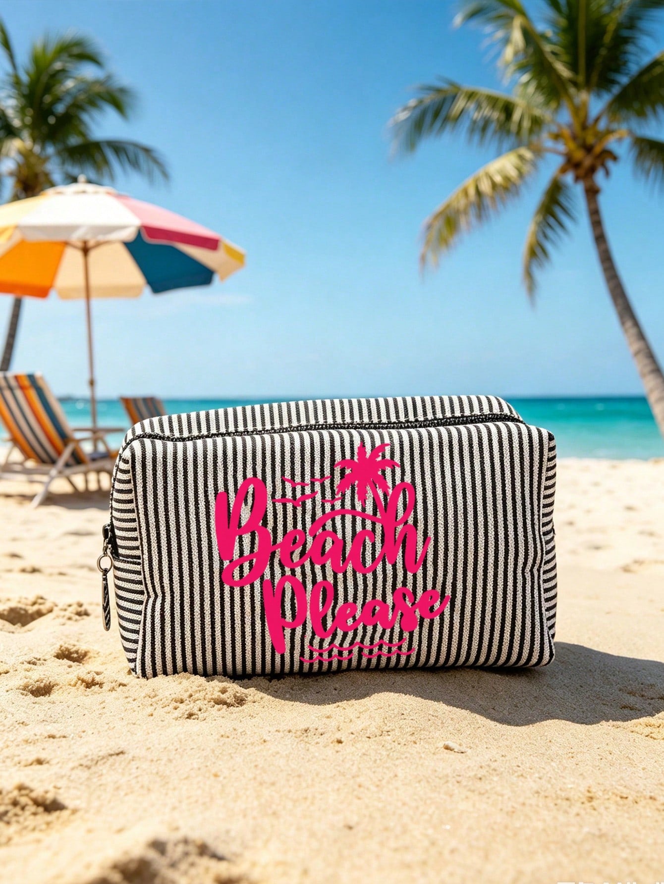 Large Capacity Black And White Striped Beach Tote Bag, Coconut Tree And Letter Print, Foldable Canvas Shoulder Tote Bag, Waterproof And Sand-Proof Travel Bag, Summer Essential, Ideal For Beach Trips