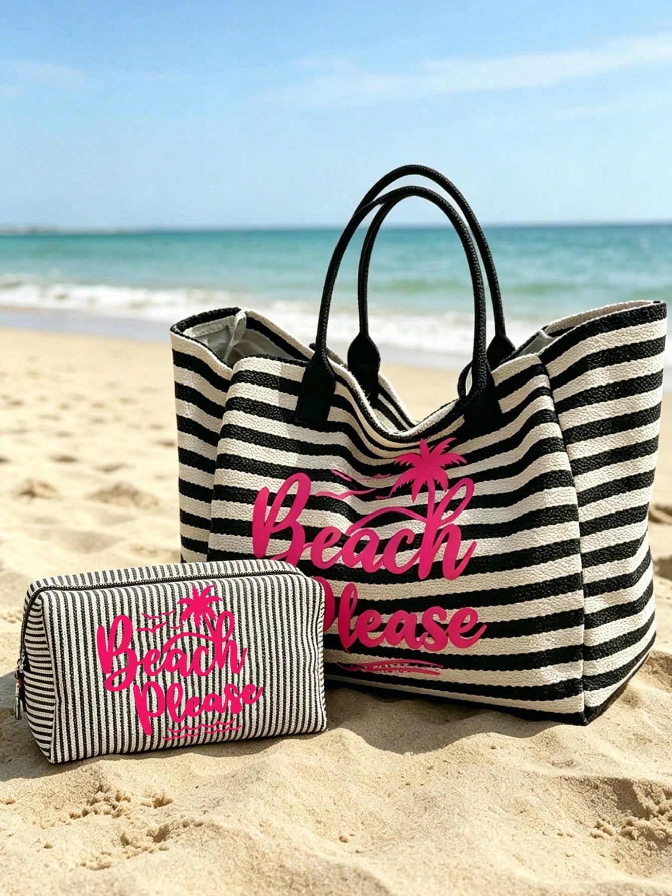 Large Capacity Black And White Striped Beach Tote Bag, Coconut Tree And Letter Print, Foldable Canvas Shoulder Tote Bag, Waterproof And Sand-Proof Travel Bag, Summer Essential, Ideal For Beach Trips