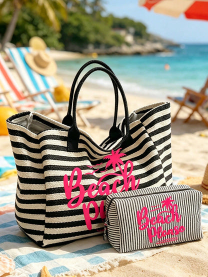 Large Capacity Black And White Striped Beach Tote Bag, Coconut Tree And Letter Print, Foldable Canvas Shoulder Tote Bag, Waterproof And Sand-Proof Travel Bag, Summer Essential, Ideal For Beach Trips