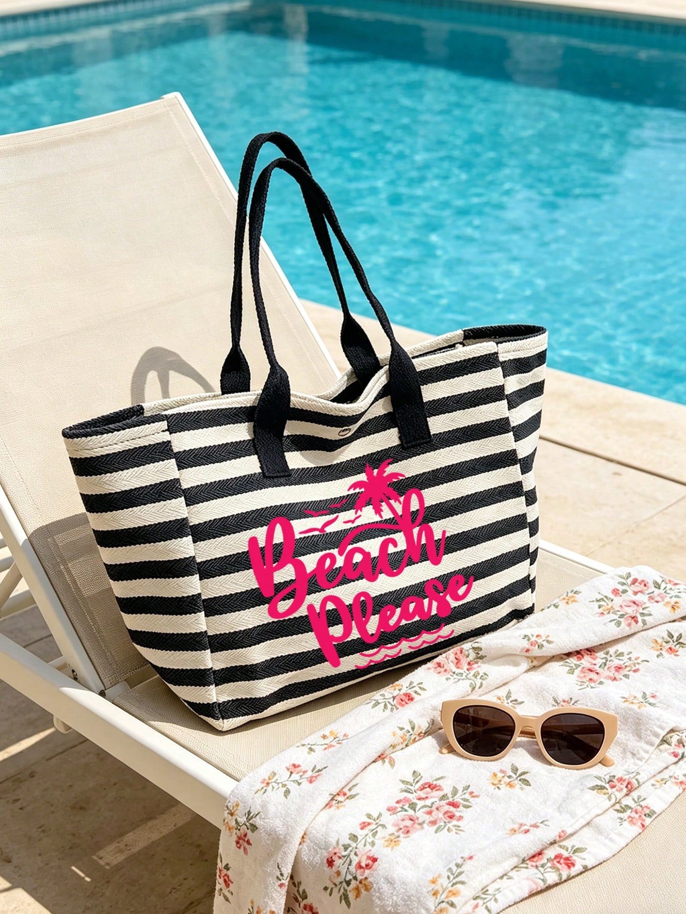 Large Capacity Black And White Striped Beach Tote Bag, Coconut Tree And Letter Print, Foldable Canvas Shoulder Tote Bag, Waterproof And Sand-Proof Travel Bag, Summer Essential, Ideal For Beach Trips