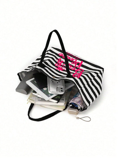 Large Capacity Black And White Striped Beach Tote Bag, Coconut Tree And Letter Print, Foldable Canvas Shoulder Tote Bag, Waterproof And Sand-Proof Travel Bag, Summer Essential, Ideal For Beach Trips