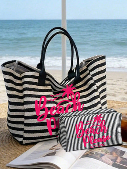 Large Capacity Black And White Striped Beach Tote Bag, Coconut Tree And Letter Print, Foldable Canvas Shoulder Tote Bag, Waterproof And Sand-Proof Travel Bag, Summer Essential, Ideal For Beach Trips