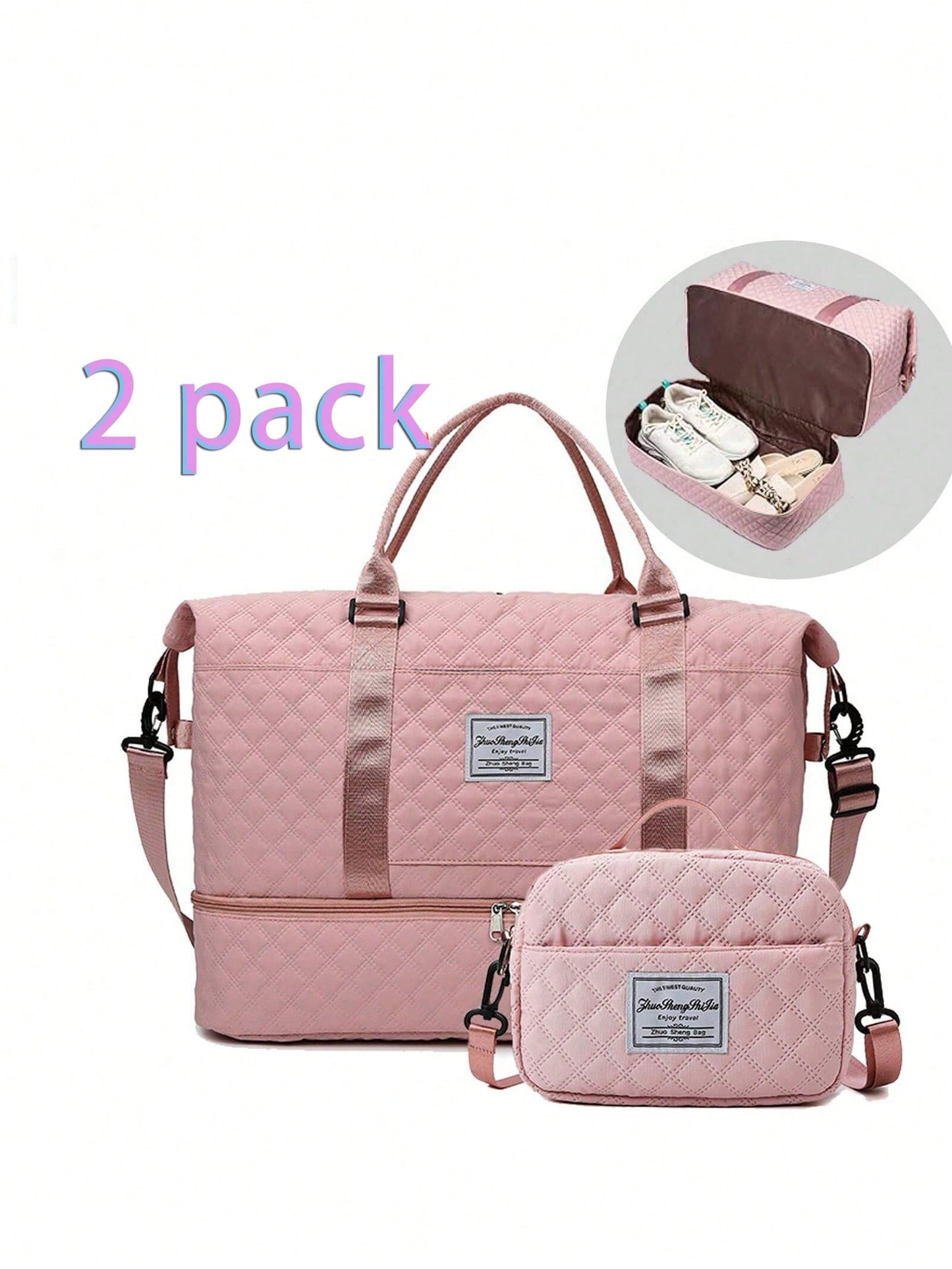 Large Travel Duffle Bag, Weekender Bags For Women With Shoe Compartment,Carry On Overnight Bag With Toiletry Bag, Gym Duffel Bag With Wet Pocket, Hospital Bags For Labor And Delivery (Black/Pink)