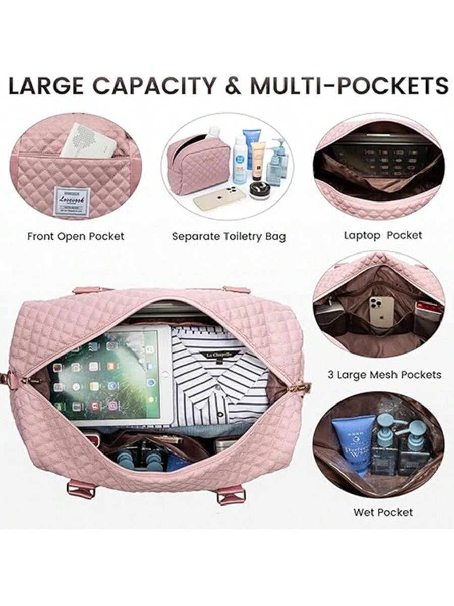 Large Travel Duffle Bag, Weekender Bags For Women With Shoe Compartment,Carry On Overnight Bag With Toiletry Bag, Gym Duffel Bag With Wet Pocket, Hospital Bags For Labor And Delivery (Black/Pink)