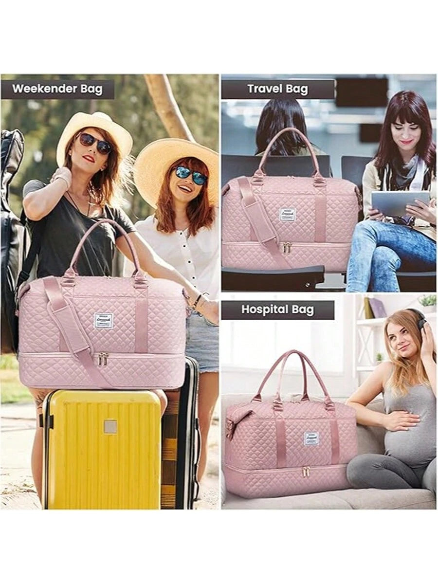 Large Travel Duffle Bag, Weekender Bags For Women With Shoe Compartment,Carry On Overnight Bag With Toiletry Bag, Gym Duffel Bag With Wet Pocket, Hospital Bags For Labor And Delivery (Black/Pink)