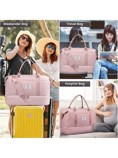 Large Travel Duffle Bag, Weekender Bags For Women With Shoe Compartment,Carry On Overnight Bag With Toiletry Bag, Gym Duffel Bag With Wet Pocket, Hospital Bags For Labor And Delivery (Black/Pink)